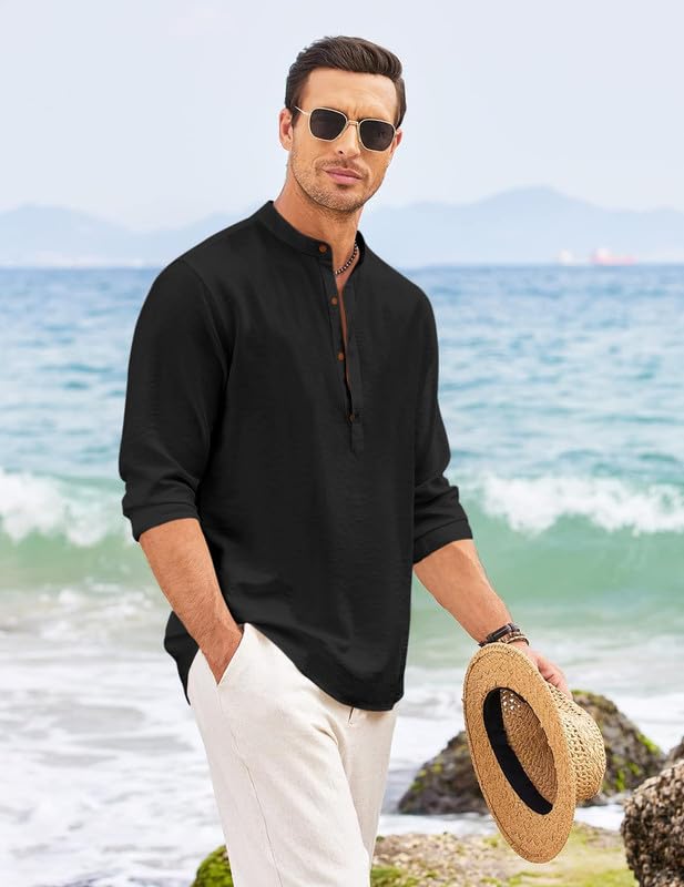Image of Macsivo Men's Cotton Blend Henley Short Kurta with Mandarin Collar Long Sleeeve Button Closure Curved Hem Regular Fit | Kurta for Men Stylish