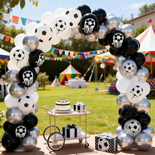 Image of Soccer Balloons, 50 Pcs Black White for Boys Sports Birthday Baby Shower | 12 Inch Black White Silver Soccer Print Latex Balloons for Soccer Football Baby Shower Game Day Sport Club Party Decorations