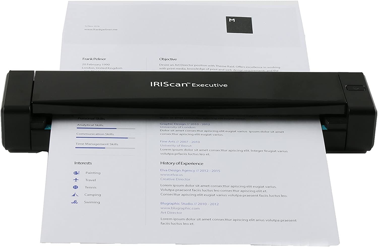 IRIS IRIScan Executive 4 Duplex full page portable sheetfed scanner scans both sides of documents includes Readiris corporate document management software organize paperwork save edit PDF files