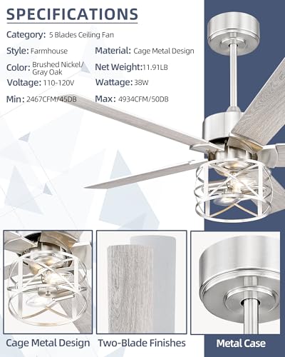 Image of YOUKAIN 42 Inch Ceiling Fans, Farmhouse Ceiling Fans with Lights and Remote, 5-Reversible Blades with Gray Oak /Brushed Nickel Finish, 42-YJ632-BNW
