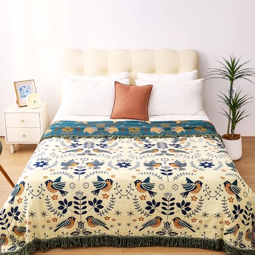 Image of VANJOROY Boho Throw Blanket, 100% Organic Cotton Breathable Ultra Soft 80 inch x 90 inch Bed Quilt Throw - Floral Rustic Bird Farmhouse Decor Luxury Reversible Blanket for Sofa Couch Chair and Gift,Teal /Beige