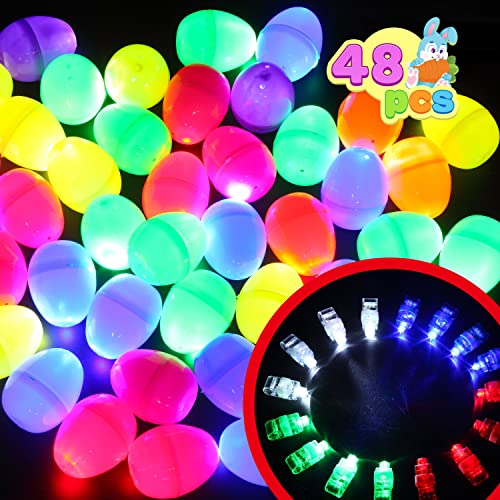 48 Pcs Pre-filled Easter Eggs with Bright Finger Lights for Kids Easter Eggs Hunt, Glow in Dark Eggs for Easter Basket Stuffers/Fillers, Filling Treats, Easter Party Favor, Classroom Prize Supplies