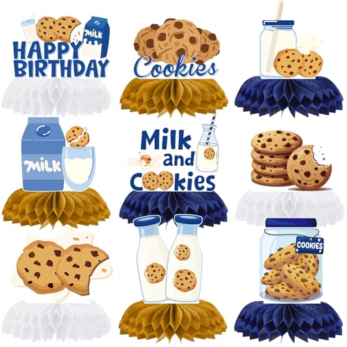 Image of Hokinaa Milk Cookies Birthday Decorations - 9 Pcs Milk and Cookie 1st Birthday Honeycomb Centerpieces, Bule Brown One Sweet Table Toppers Centerpieces, Photo Booth Props for Boys 2nd 3rd Party Decor