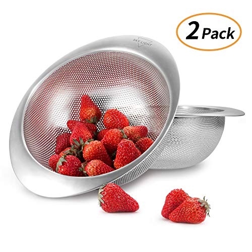 Kitchen Colander Set of 2, Stainless Steel Mesh Strainers Perforated Colander and Strainer with Heavy Duty Handles for Draining Pasta, Quinoa, Dishwasher Safe,3 Quart//Gift Box Included