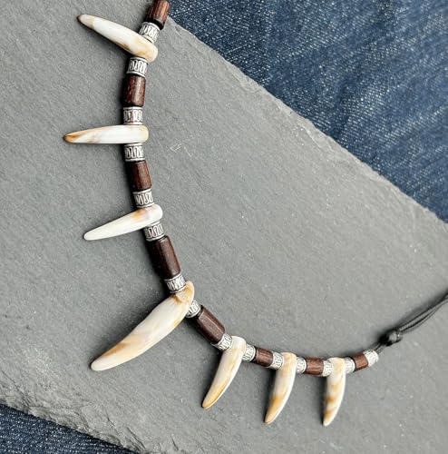 Wolf Wood Beads Tooth Necklace for Men Women Tribal Caveman Adjustable Resin Tooth Pendant Necklace2
