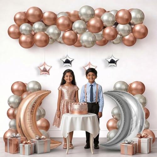 Image of Party Propz Moon Star Balloons For Decoration's - 27 Pcs Star And Moon Foil Balloons For Decoration | Ballloon for Decoration | Brown and Silver Balloon Decorations (latex)