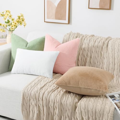 Pallene Faux Fur Plush Throw Pillow Covers 18x18 Set of 2, Luxury Soft Fluffy Cozy Decorative Pillow Covers for Sofa, Couch, Living Room, Blush Pink