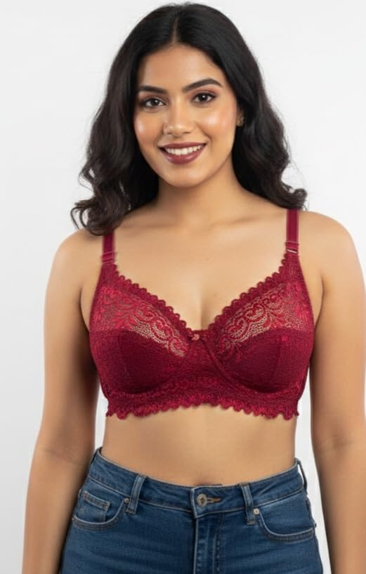 Image of Premium Women's Floral Lace Non-Padded Full Coverage Bra - Wire-Free Support Bralette in Nude