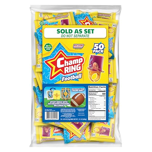 Champ Ring Football, Red Zone Raspberry - Bold Raspberry Flavored Candy Rings - Individually Wrapped - No Artificial Colors or Dyes - Perfect for Parties, Events & Snacks - Bulk Pack of 50