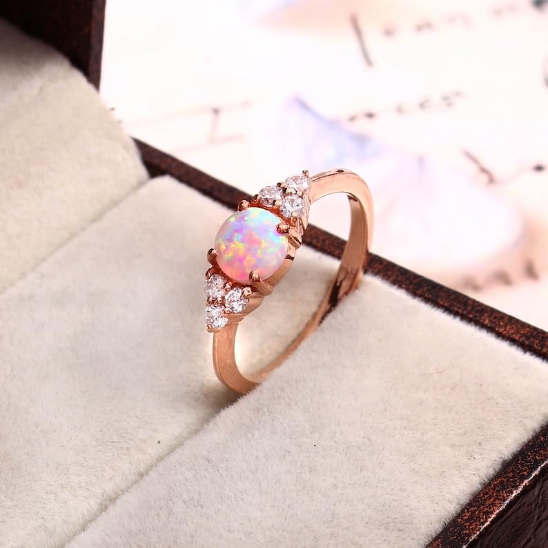 Natural Fire Opal Ring, 925 Sterling Silver Rose Gold Plated, 9x7mm Pink Opal, Wedding Engagement Ring, Promise Ring for Women Birthday, Anniversary Jewelry Gift for Her3