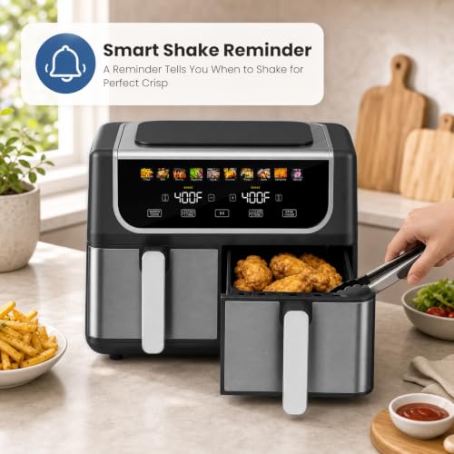 OLIXIS Dual Air Fryers with 2 Baskets 9.5 Quarts Large Airfryer 10-in-1 | Independent Temp Control 80-450°F, Ceramic Crisper Plate, Sync Setting, Shake Reminder, Bake Broil Defrost Dehydrate, Black - image 7