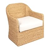 Creative Co-Op Woven Water Hyacinth and Acacia Wood Chair with Cushion, Natural and Cream