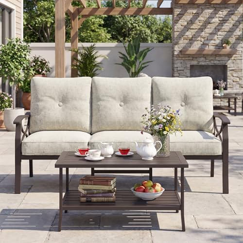 Image of FansaFurn 3 Seats Outdoor Patio Furniture Set, Outdoor Metal Sectional Furniture with Cushions, Outdoor Conversation Set with Coffee Table for Deck, Balcony, Backyard, Garden, Khaki