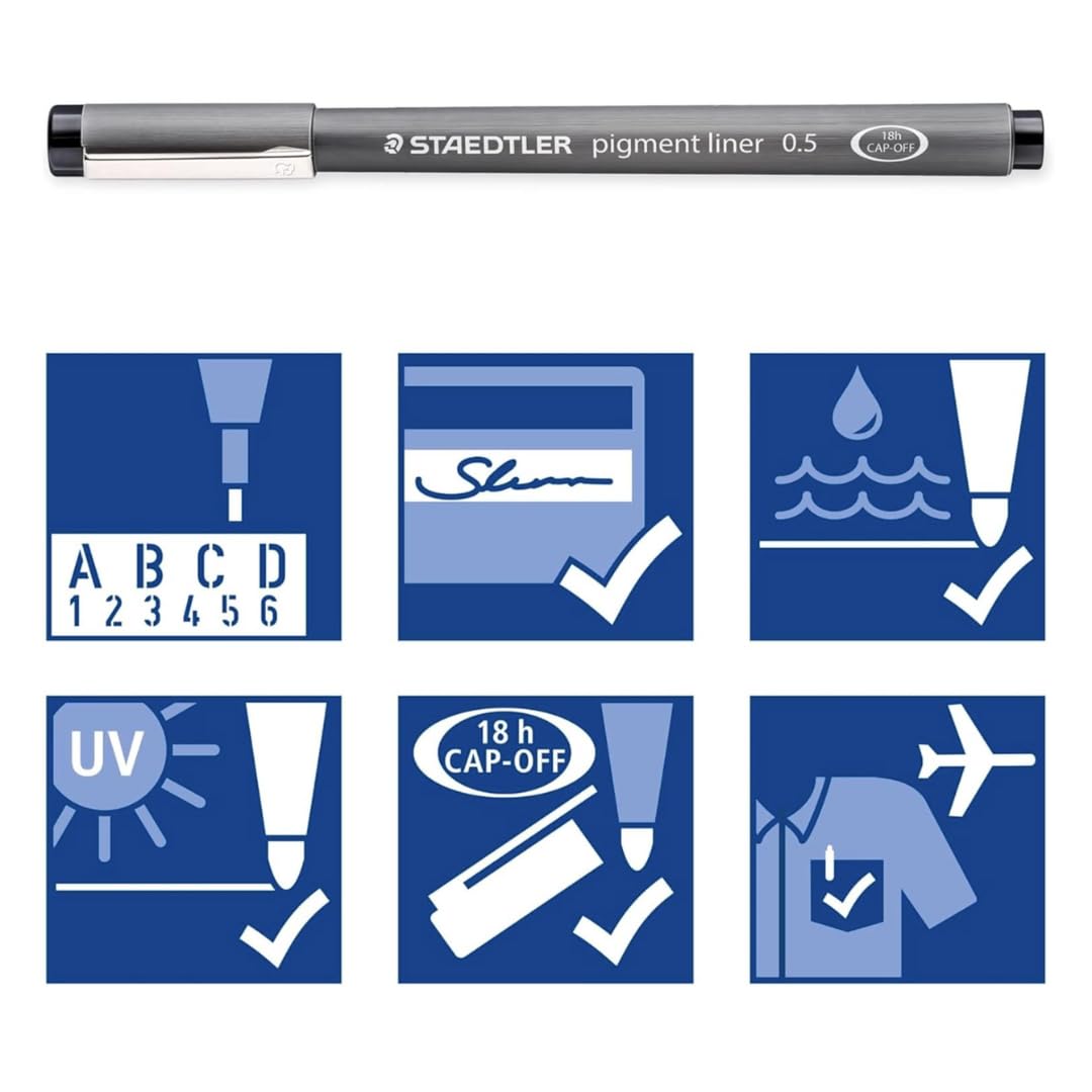STAEDTLER Pigment Liner Fineliner Stifte, Schwarz, 5 Stück (insgesamt 40 Stück) | 8 verschiedene Spitzengrößen pro Set (0,05 mm – 1,2 mm), wasserfest, Zeichen- und Schreibstifte