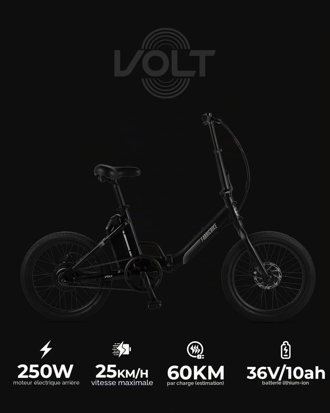 FabricBike Volt Vélo électrique Pliable pour Adulte 20", Moteur de 250 W, Batterie Amovible 36 V 10 Ah, Vitesse 25 km/h