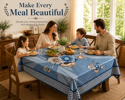 Image of Floral Dining Table Cover for 4 Seater | 58 x 38 Inch Rectangle Polyester Table Cloth | Washable Fabric Table Cover for Dining Table | Dust & Scratch Protection | Sky Blue