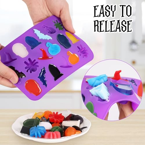 Image of 2 Pack Halloween Silicone Molds, Halloween Chocolate Molds, 3D Spider Skull Pumpkin Bat Mold for DIY Gummies Jello Ice Cube Jelly Chocolate Candy Cakes Decorations (Purple)