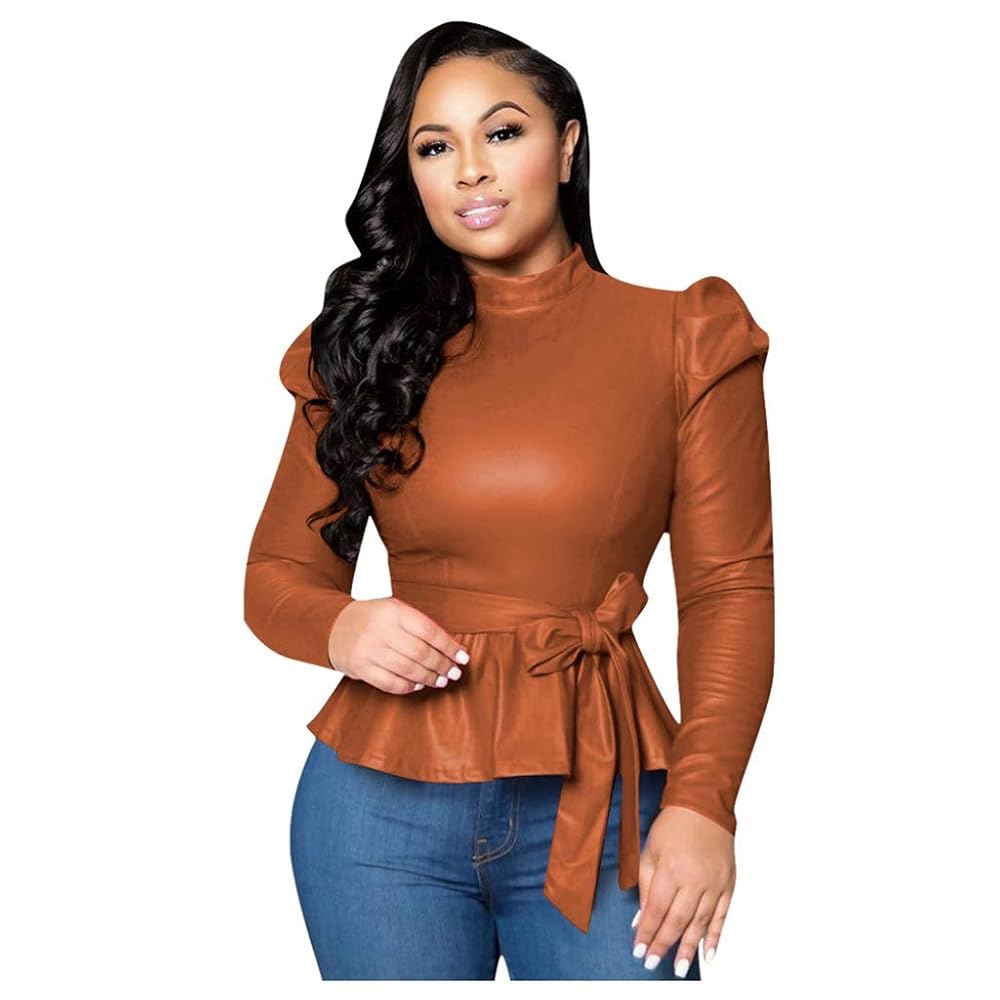 Women's Vintage Bow-Tie Peplum Tops Mock Neck Turtleneck