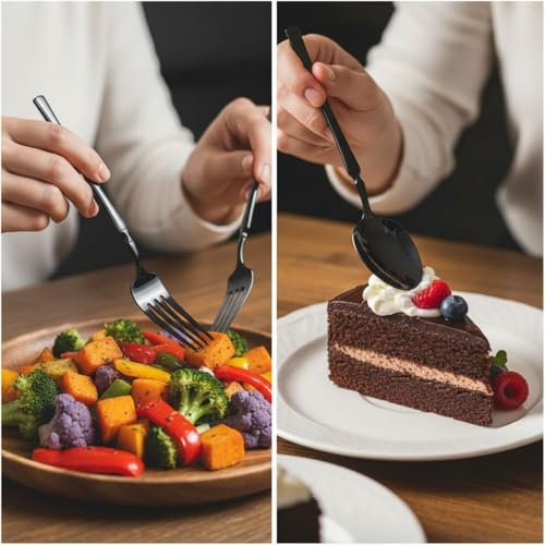 Image of 5 Pcs Black Cutlery Set for Dining Table the Perfect Lightweight Silim Handle Tableware Including Dinner Spoon, Dinner Fork, Dinner Knife, Dessert Spoon & Dessert Fork