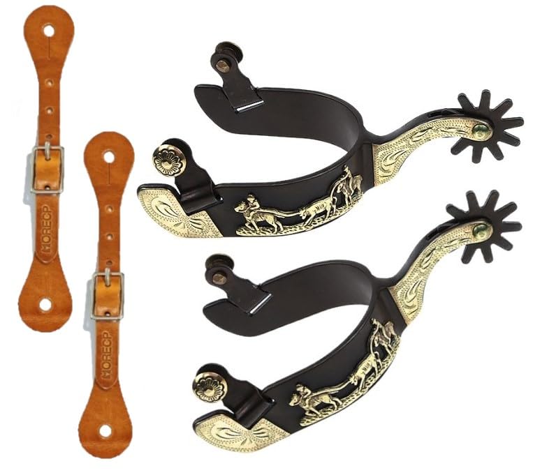 MORECP 1 Pair Western Bronze Low Carbon Steel Spurs,Paired with Cowhide Holes Spurs Belt, Hand Carved Golden Equestrian, Riding Competition