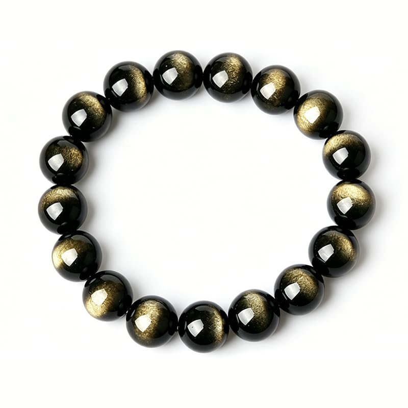 Pulsera de obsidiana con destellos de oro y cuentas de 12mm simétricas