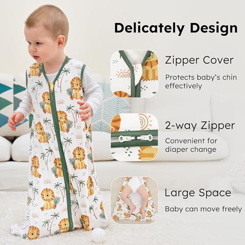 Image of Baby Sleep Sack 12-18 months, 100% Cotton Sleeping Sack for Toddler, 3 Pack Baby Wearable Blanket, 0.5 Tog Lightweight Double Zipper Sleep Bag Large Brown Green Lion