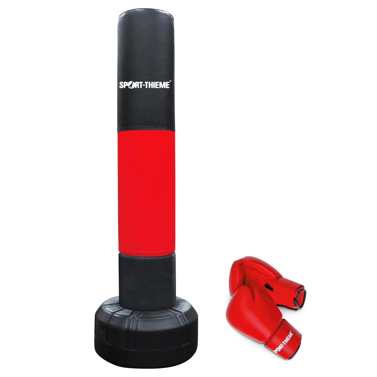 Sport-Thieme Standboxsack Set Anti-Aggression 1 | Inkl. 1 Paar 8 oz Boxhandschuhe mit angenähtem Daumen | Standfuß befüllbar mit Wasser | PVC PE Metall | ø 26/48x153 cm