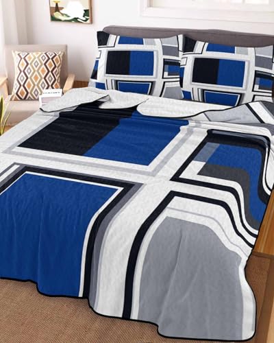 3-Piece Summer Quilt Full Size, Blue Grey Geometric Lightweight Cooling Bedding Comforter Blanket with 2 Pillow Shams, Abstract Art Irregular Contemporary Bedspreads Quilted Coverlet Sets 78