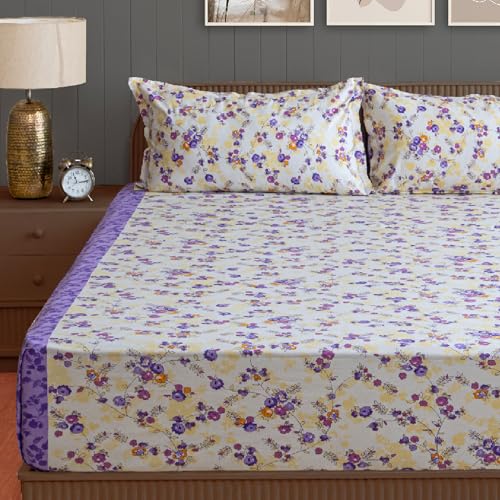 Image of Swayam Pure Cotton King Fitted Bedsheet with 2 Pillow Covers | Size 72 x 78 x 10 inch | 160 TC | Floral Design | Soft Breathable Bed Sheet | Comfortable & Durable for Bedroom - Cream & Purple
