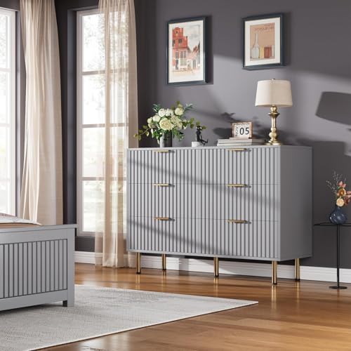6 Drawer Dresser for Bedroom, Fluted 47.2" Wide Modern Chest of Drawers with Deep Drawers, Long Large Double Dresser TV Stand, Wooden Dresser Organizer for Living Room, Hallway, Kids Room, Grey