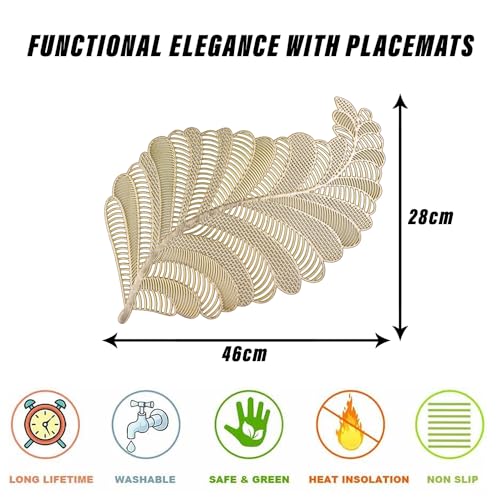 Image of Kuber Industries Placemats for Dining Room | Designer Table Mat Set | Placemats for Kitchen Table | Leaf Shape Placemat | 6 Piece Set | Golden