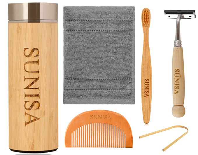 Sunisa Bamboo Travel Set, Water Bottle, Hair Comb, ToothBrush, Shaving Razor, Towel,Tongue Cleaner (Set of 6)-image-48
