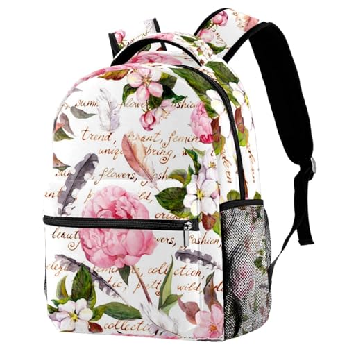 Sac à dos d'école et de voyage pour adolescentes avec motif plumes et fleurs