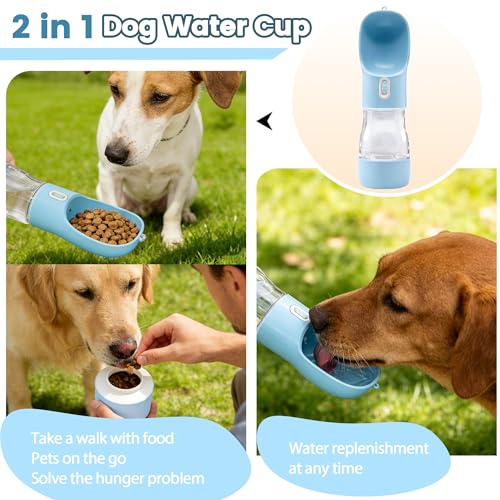 Image of Portable Dog Water Bottle with Food Container Dishwasher Safe-Blue | 3 IN1 Drinking Bottle for Pet Puppy Outdoor Walking Hiking Travel | BPA Free Leak Proof Dog Water dispenser with Bowl