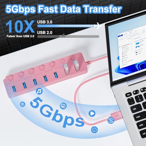 Image of USB Hub 7 Port, USB Splitter with Individual On /Off Switches and Lights | USB 3.0 Hub with 3.3ft Cable, Extender for A Port Laptop, PC, Desktop-Pink