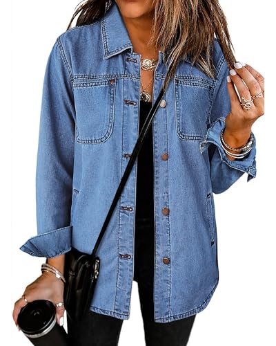 Roskiky Jacke Damen Frühling Elegant Damen Sommer Outfit Jeansjacke Oversize Mit Tasche Western-Arbeitsjacke Medium Blue 2XL