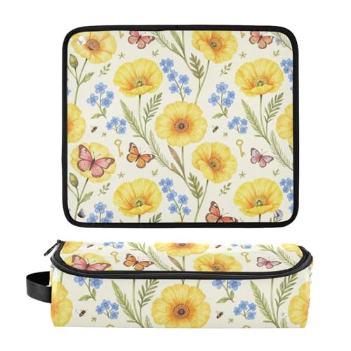 Bolsa de Viaje para Herramientas de Cabello y Tapete Resistente al Calor con Cierre, Funda de Doble Capa para Planchas, Rizador y Alisadores de Cabello, Amarillo con Flores, Mariposas y Abejas miniatura 3