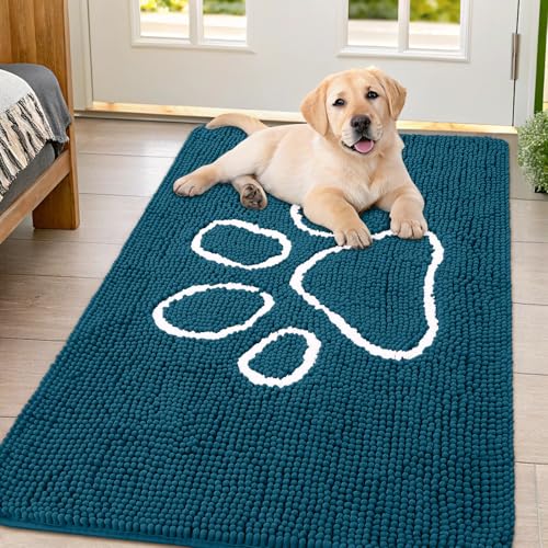 Image of Smiry Dog Door Mat for Muddy Paws, Absorbent Dirt Trapper Non Slip Quick Dry Washable Chenille Mat for Mud Dogs, Entry Rug for Indoor and Outdoor (47x32 Inches, Atlantic Blue and White)