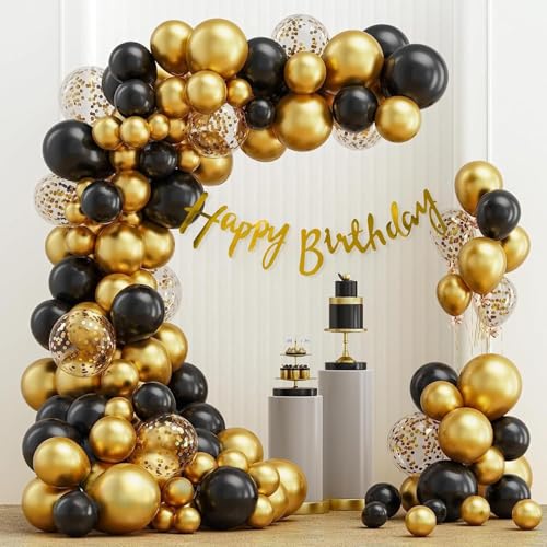 Image of Bliss & Bow Latex Birthday Balloon Kit | Black, Gold Chrome Balloons with Confetti Balloons, Arch Tape, Glue Dots, Birthday Banner for Decoration | Ideal Party Decor Set (61 Piece)