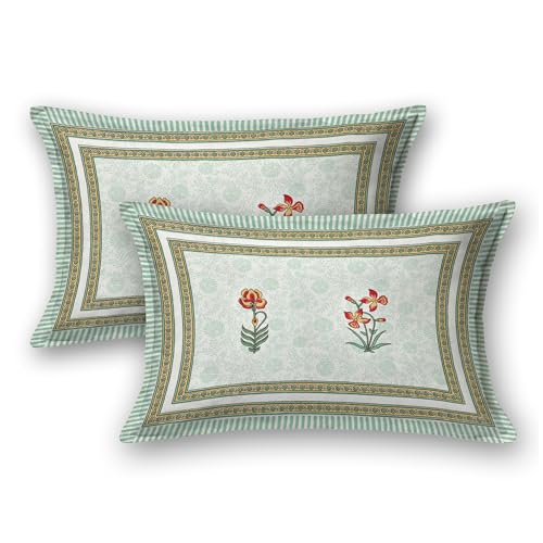 Image of BLOCKS OF INDIA Hand Block Printed 200 TC Cotton King Size Bedsheet (Green RED Flower)