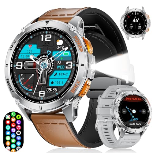 LIGE - Reloj inteligente para hombre con linterna LED 1.43″AMOLED 600 mAh Batería, frecuencia cardíaca/podómetro/monitor de sueño/brújula GPS Smartwatch Hombre para iOS Android,170 modos deportivos
