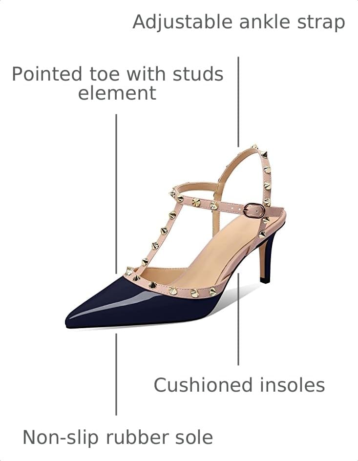 Image of XINIUNIU Studded Heels for Women Kitten Heels with Studs Stiletto Sandals with Rivet Ankle Strap Patent Leather Pointy Toe 2.5 Inch Party Daily Wear Evening Sandals