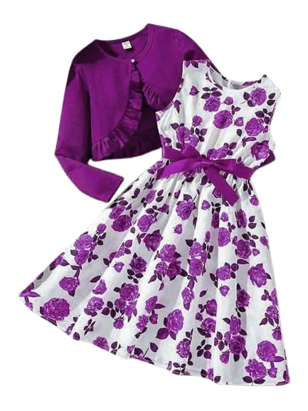 Kids Girls Cotton Blend Full Sleevess Dress with Top Jacket Set_KQY_dress013_4-5Y,Purple