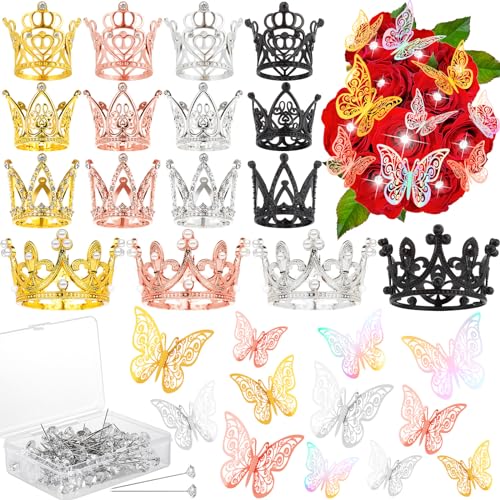 164 accesorios de ramo de flores, 16 coronas para ramos de flores con 48 piezas de decoración de mariposas 3D y 100 pines de ramillete para suministros de flores, mini coronas para decoración de