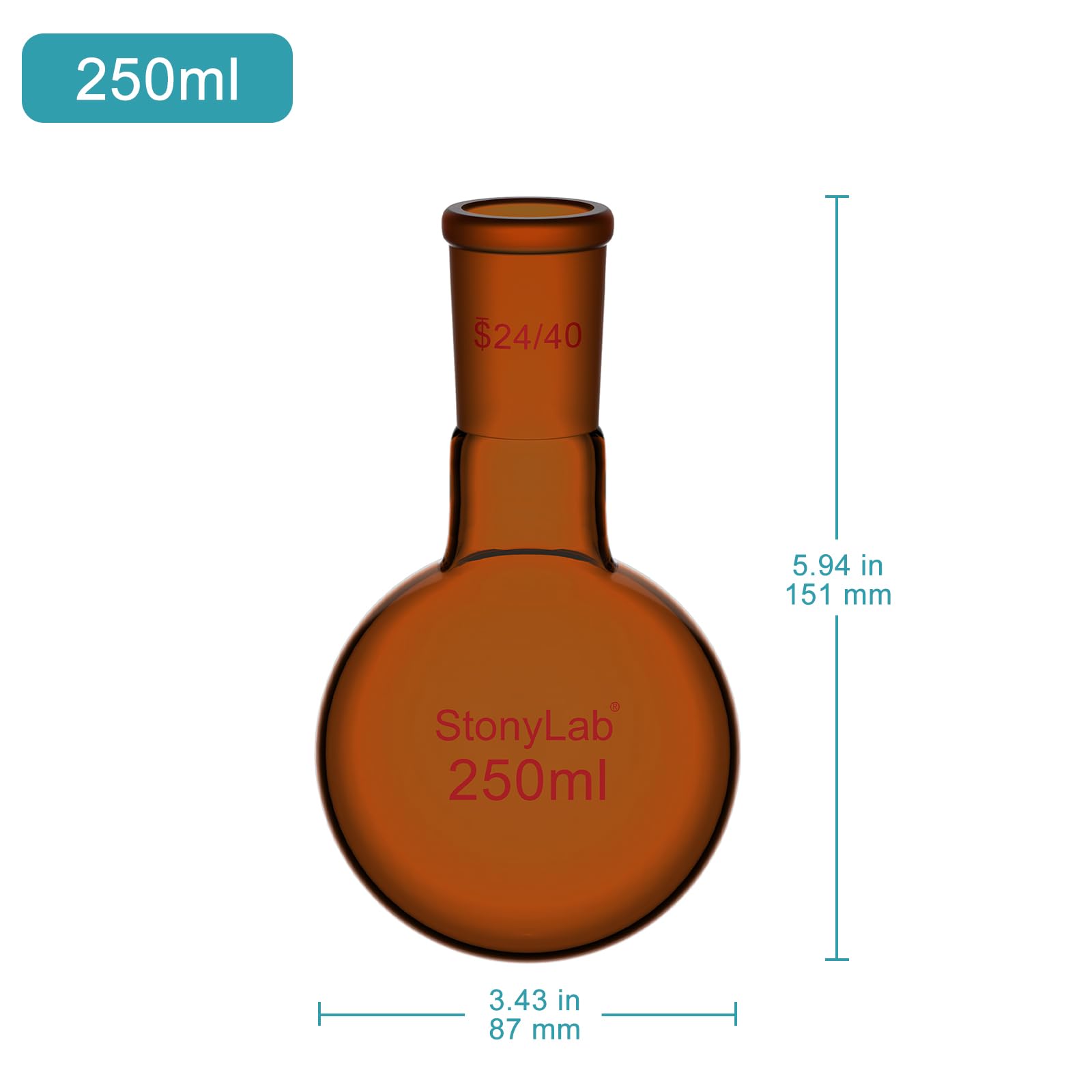 stonylab Matrazzo a Fondo Rotondo Marrone con Collo Singolo, Giunto Standard 24/40, Vetro Borosilicato Resistente al Calore e Chimica, Ideale per Riscaldamento e Distillazione, 250 ml