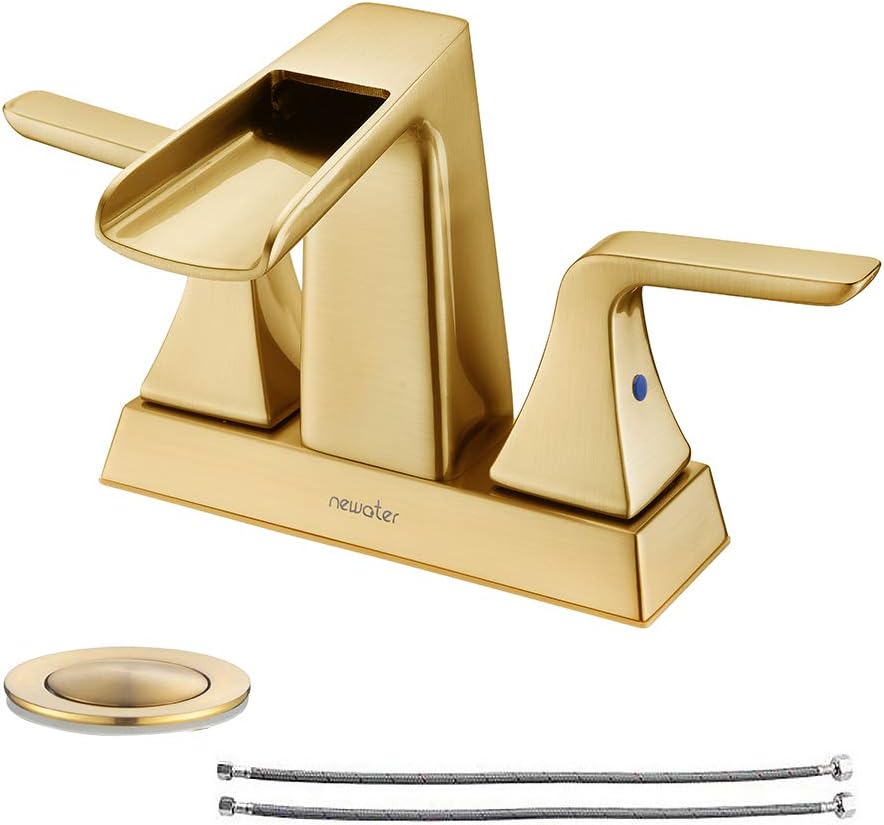 Blасk Frіdау Sаlе 2022 NEWATER Two-Handle Waterfall 4-inch Centerset Three Hole Bathroom Sink Faucet with Metal Pop Up Drain & Supply Lines Vanity Faucet Bathroom Vessel Mixer Tap Deck Mounted，Brushed Gold