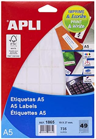 APLI 1865 - Etiquetas A5 blancas 19,0 x 27,0 mm 15 hojas