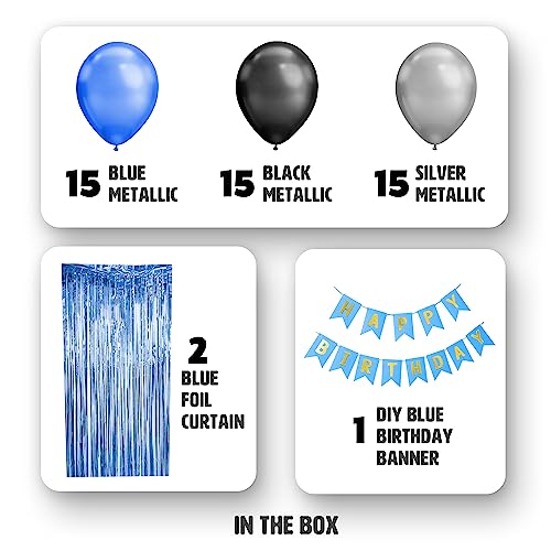Image of Just Party Set of 60 Pcs - 15 Blue 15 Silver & 15 Black Metallic Balloons, Blue Happy Birthday Banner, 2 Blue Curtains Theme Backdrop