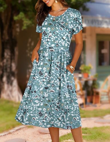 Image of HOTOUCH Women's Summer A-Line Midi Dresses 2026 Casual Floral Short Sleeve T-Shirt Dress Flowy Beach Sundress with Pockets