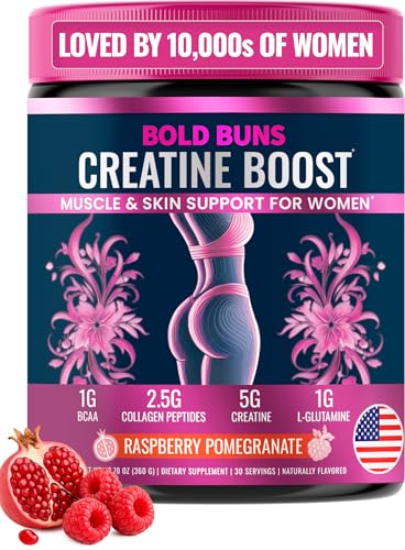 Bold Buns Creatine for Women Supplement with Collagen & BCAA Supports Muscle Development Post-Workout Recovery Skin Elasticity Healthy Hair & Nail (30 Servings Raspberry Pomegranate)
